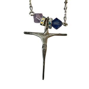 Sterling Silver 925 Crucifix Necklace Figaro Chain Blue Purple Beads 18” cross